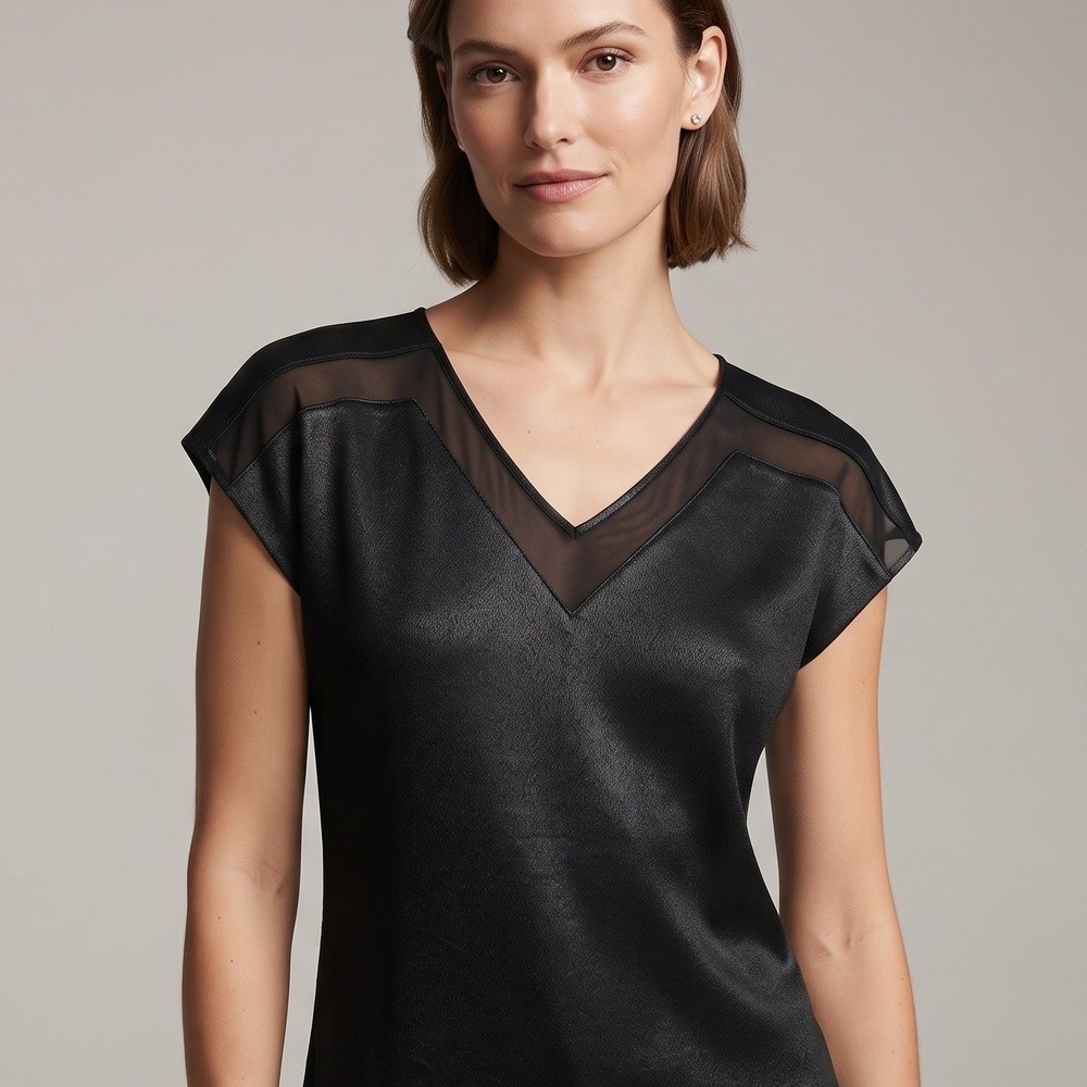 Express Blouse Women Small Black Excellent Sheer Mesh V-Neck Cap Sleeve Top